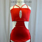 Custom Red Cut-Out Leotard With Fringe -Rhinestones