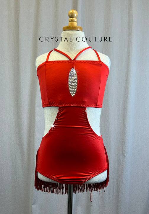 Custom Red Cut-Out Leotard With Fringe -Rhinestones