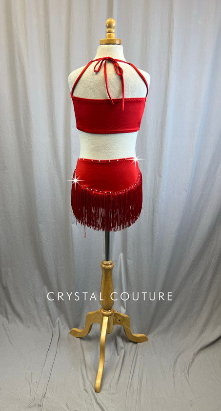 Custom Red Cut-Out Leotard With Fringe -Rhinestones