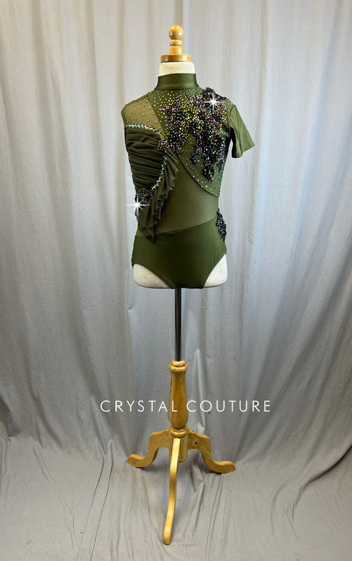 Custom Olive Green Single Short Sleeve Leotard -Rhinestones and Appliques