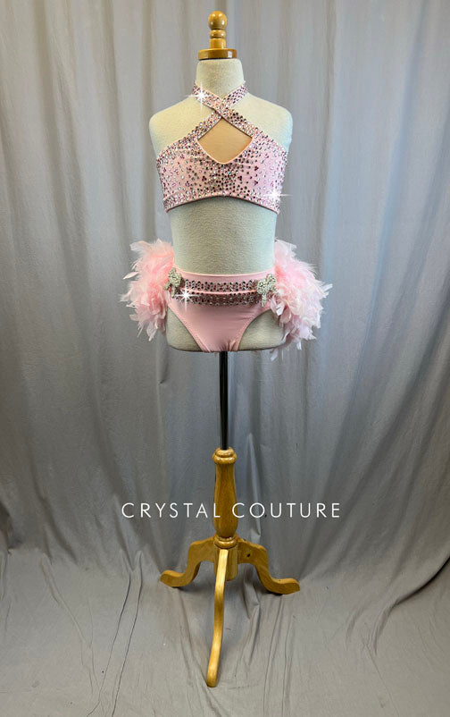 Custom Baby Pink Set With Feather Bustle Skirt -Rhinestones, Appliques, Hairpiece