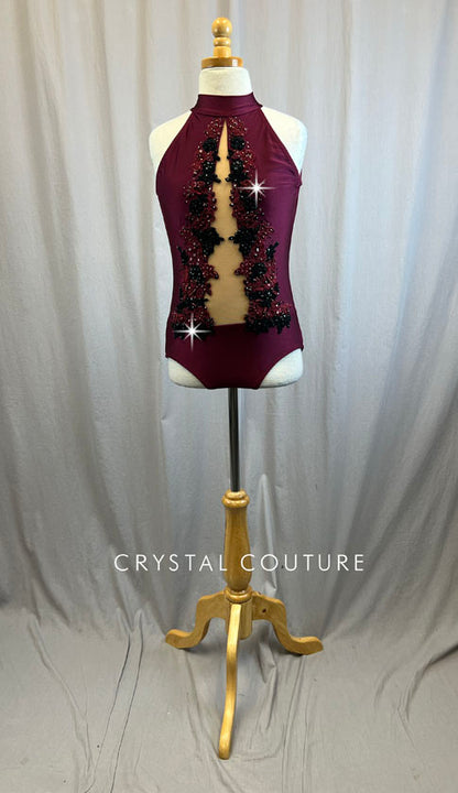 Burgundy and Nude Mesh Mock Neck Leotard -Rhinestones, Appliques