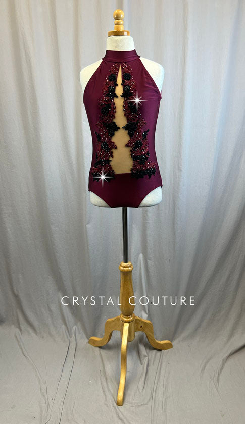 Burgundy and Nude Mesh Mock Neck Leotard -Rhinestones, Appliques