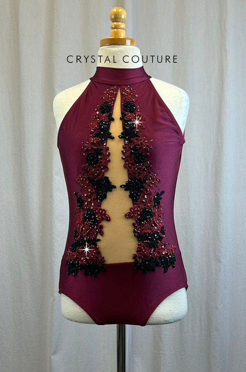 Burgundy and Nude Mesh Mock Neck Leotard -Rhinestones, Appliques