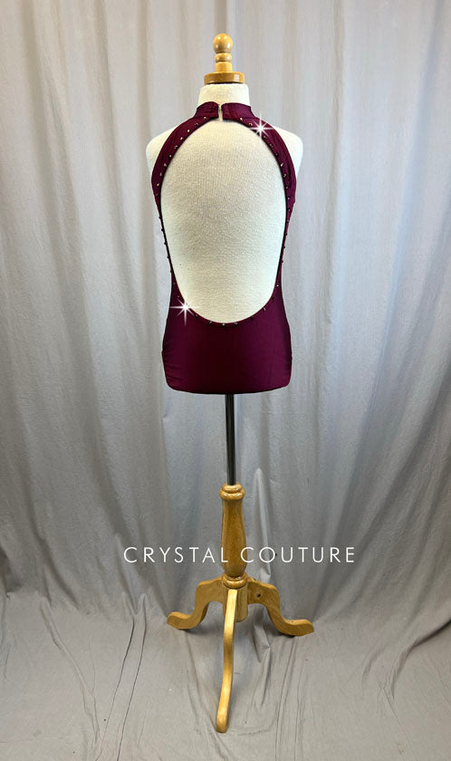 Burgundy and Nude Mesh Mock Neck Leotard -Rhinestones, Appliques