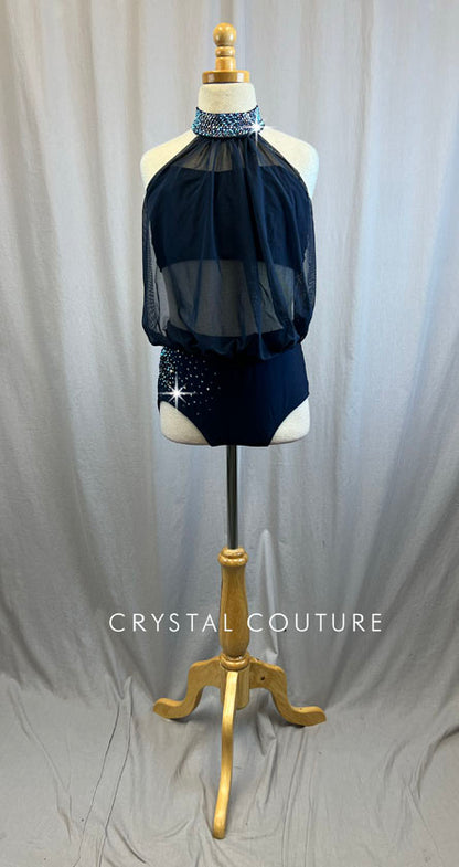 Navy Halter Mesh Mock Neck Top and Brief Set -Rhinestones, Applique, Accessories