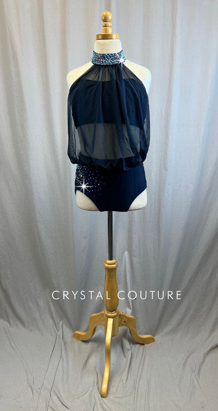 Navy Halter Mesh Mock Neck Top and Brief Set -Rhinestones, Applique, Accessories