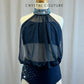 Navy Halter Mesh Mock Neck Top and Brief Set -Rhinestones, Applique, Accessories
