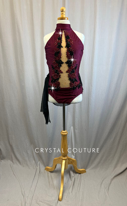 Burgundy and Nude Mesh Mock Neck Leotard, Black Mesh Skirt-Rhinestones, Appliques