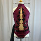 Burgundy and Nude Mesh Mock Neck Leotard, Black Mesh Skirt-Rhinestones, Appliques