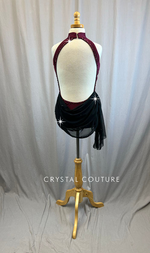 Burgundy and Nude Mesh Mock Neck Leotard, Black Mesh Skirt-Rhinestones, Appliques