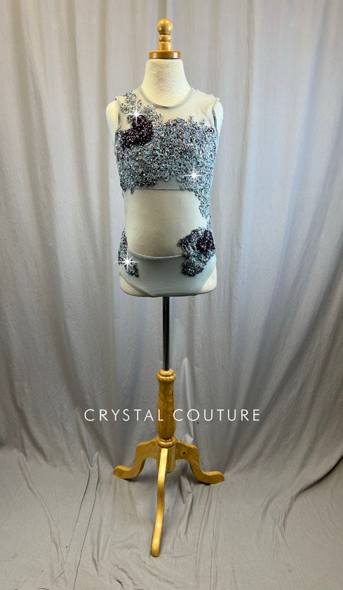 Custom Light Grey Mesh and Lycra Leotard -Rhinestones, Appliques
