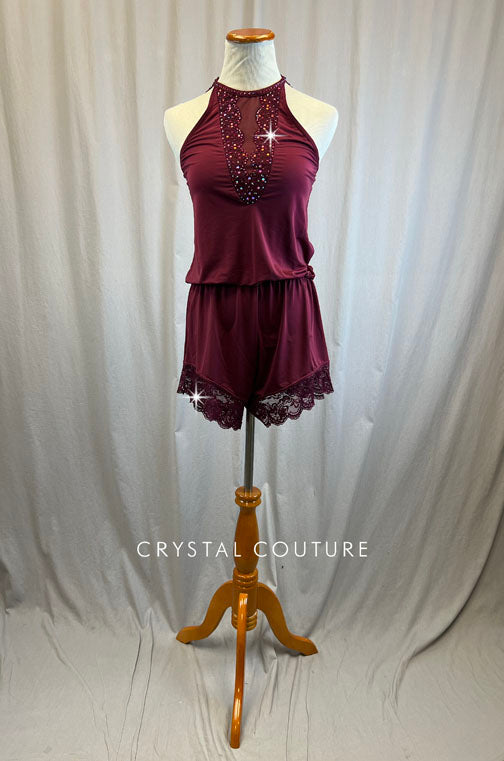 Loose Burgundy Lycra And Lace Romper -Rhinestones