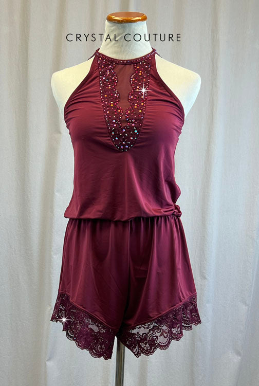 Loose Burgundy Lycra And Lace Romper -Rhinestones