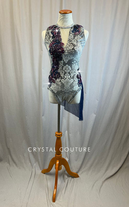 Light Grey Antique Detailed Velvet Leotard With Navy Mesh Skirt
