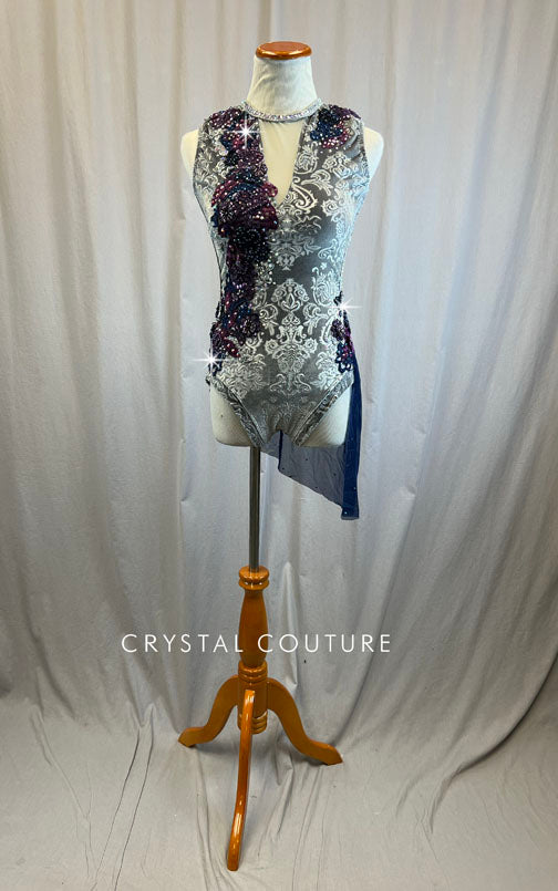Light Grey Antique Detailed Velvet Leotard With Navy Mesh Skirt