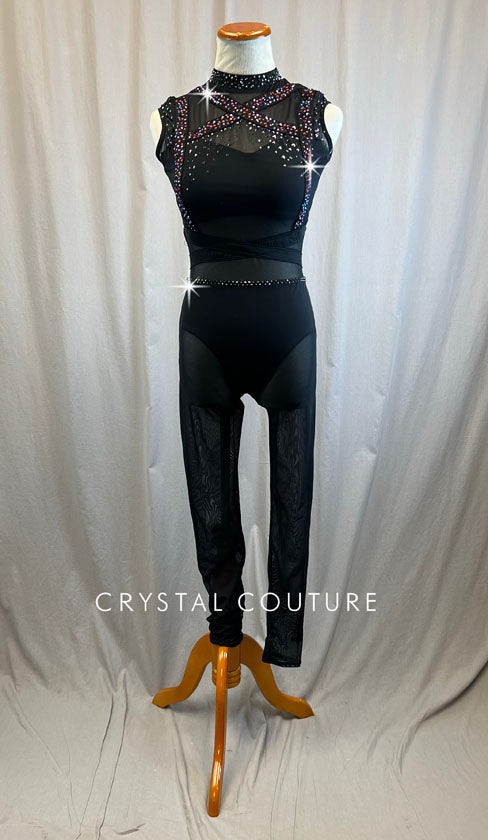 Black Criss-Cross Mesh Unitard -Rhinestones