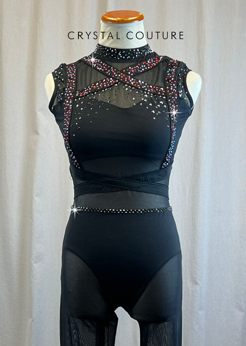 Black Criss-Cross Mesh Unitard -Rhinestones