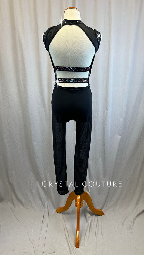 Black Criss-Cross Mesh Unitard -Rhinestones