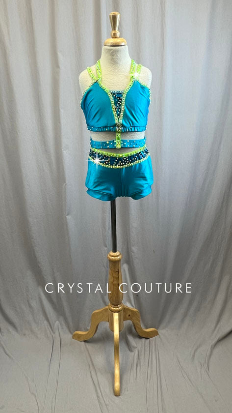 Custom Aqua and Neon Green Strappy Top and Booty Short Set -Rhinestones, Accessories