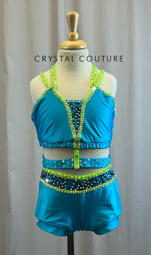 Custom Aqua and Neon Green Strappy Top and Booty Short Set -Rhinestones, Accessories
