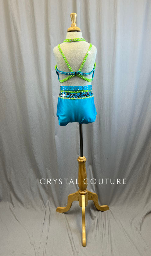 Custom Aqua and Neon Green Strappy Top and Booty Short Set -Rhinestones, Accessories