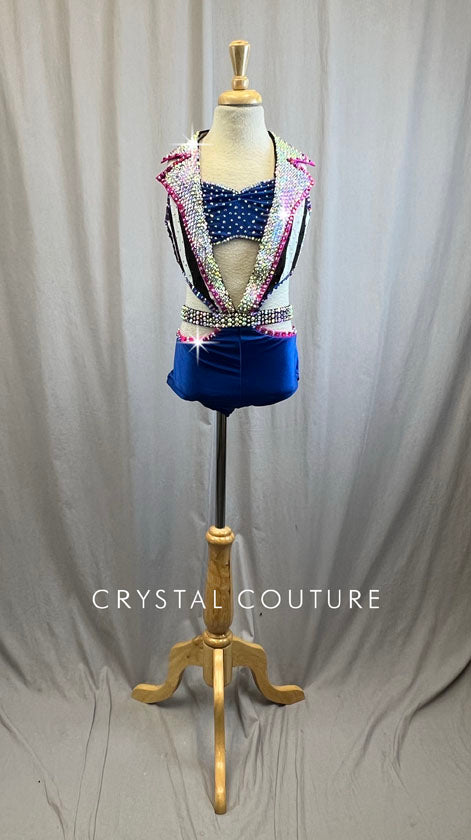 Custom Royal Blue, Hot Pink, and Black and White Tuxedo Cutout Leotard -Rhinestones, Accessories