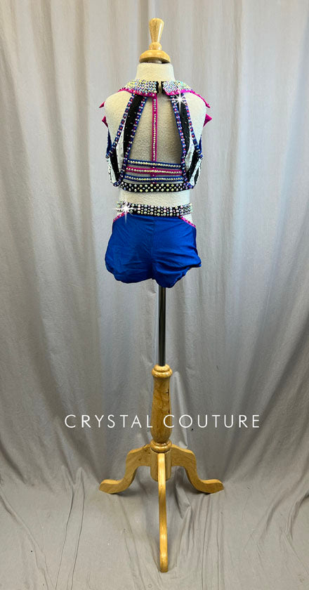 Custom Royal Blue, Hot Pink, and Black and White Tuxedo Cutout Leotard -Rhinestones, Accessories