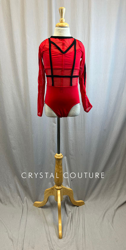 Red and Black Caged Waist Long Sleeve Leotard