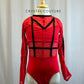 Red and Black Caged Waist Long Sleeve Leotard