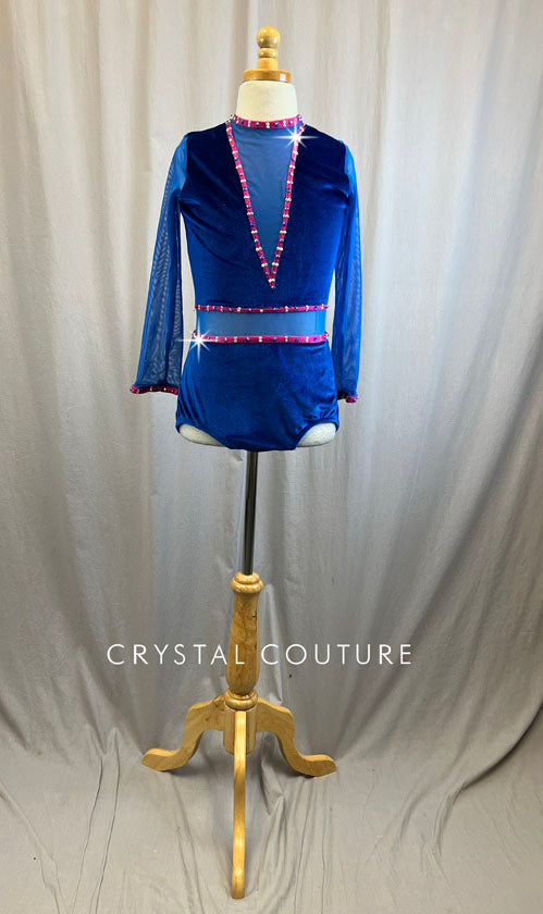 Custom Royal Blue and Fushia Velour and Mesh Long Sleeve Leotard -Rhinestones
