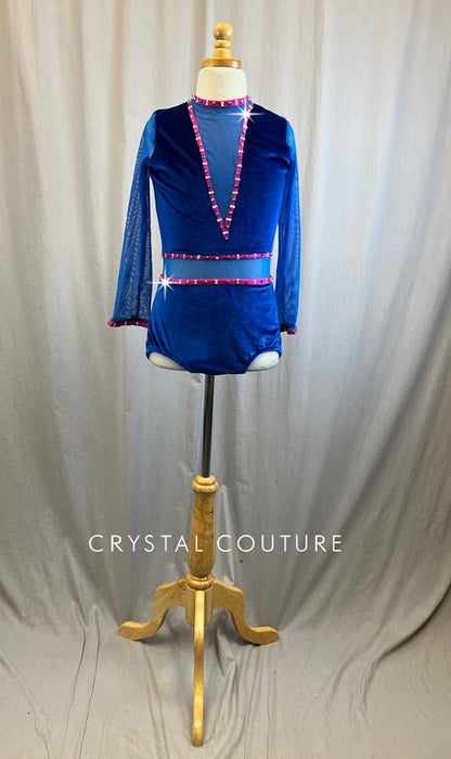 Custom Royal Blue and Fushia Velour and Mesh Long Sleeve Leotard -Rhinestones