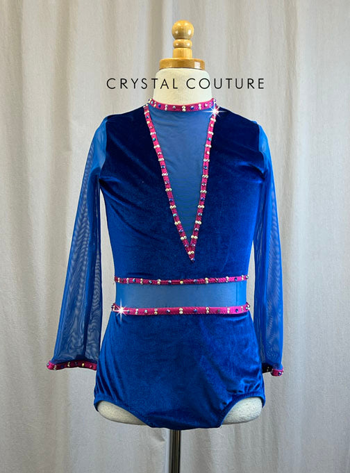 Custom Royal Blue and Fushia Velour and Mesh Long Sleeve Leotard -Rhinestones
