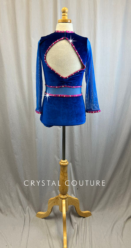 Custom Royal Blue and Fushia Velour and Mesh Long Sleeve Leotard -Rhinestones