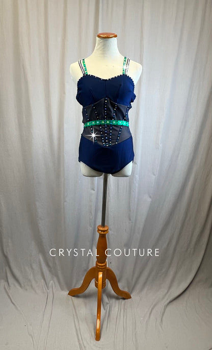 Custom Navy and Kelly Green Strappy Leotard -Rhinestones