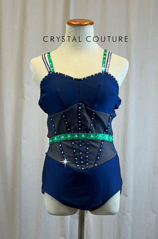 Custom Navy and Kelly Green Strappy Leotard -Rhinestones