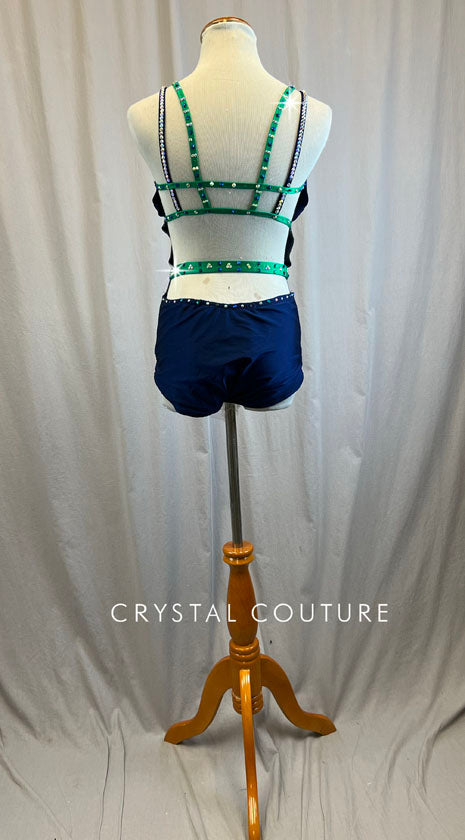 Custom Navy and Kelly Green Strappy Leotard -Rhinestones