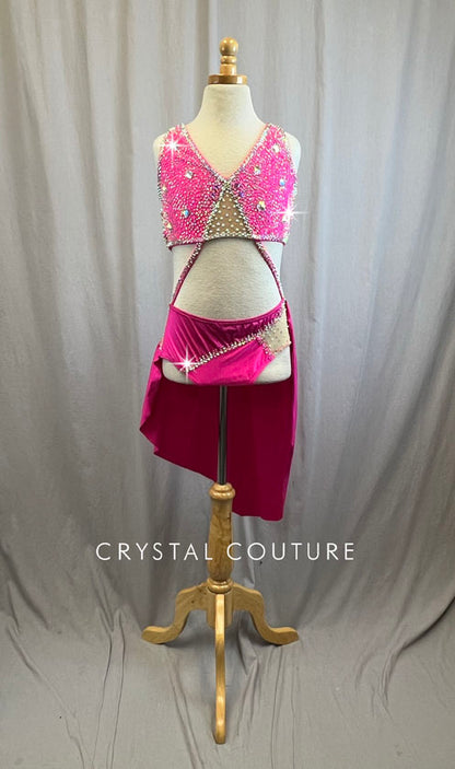 Custom Neon Pink Strappy Bra and Brief Set with Attached Skirt -Rhinestones