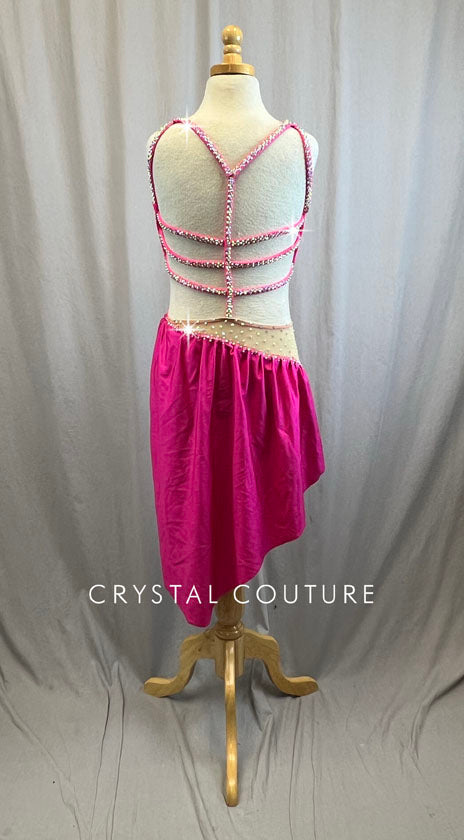 Custom Neon Pink Strappy Bra and Brief Set with Attached Skirt -Rhinestones