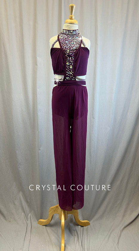 Custom Plum Cut Out Unitard with Mesh Bottoms -Rhinestones