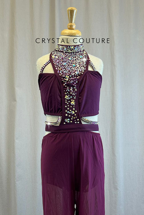 Custom Plum Cut Out Unitard with Mesh Bottoms -Rhinestones