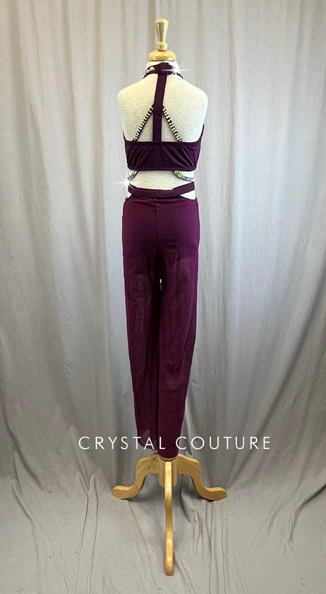Custom Plum Cut Out Unitard with Mesh Bottoms -Rhinestones