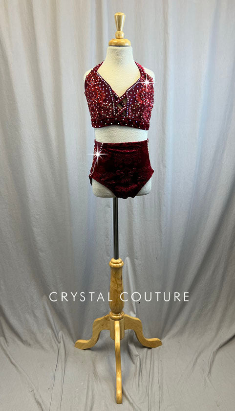 Custom Burgundy Velvet Crop Top and Brief Two-Piece Set- Rhinestones
