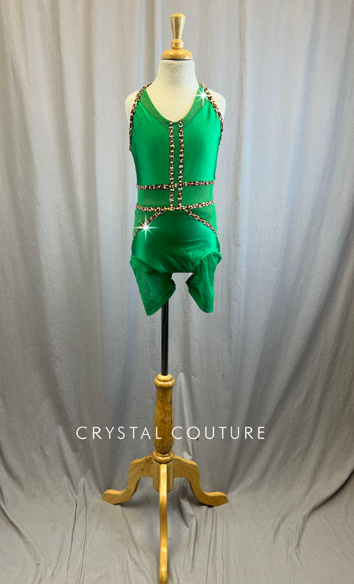 Custom Kelly Green and Leopard Biketard -Rhinestones