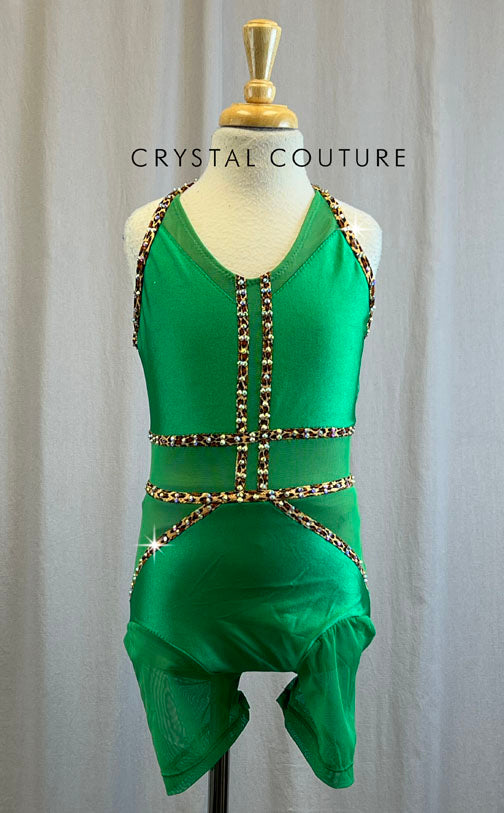 Custom Kelly Green and Leopard Biketard -Rhinestones