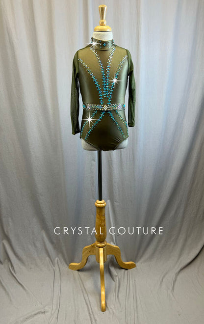Custom Light Olive Green Strappy Back Leotard -Rhinestones