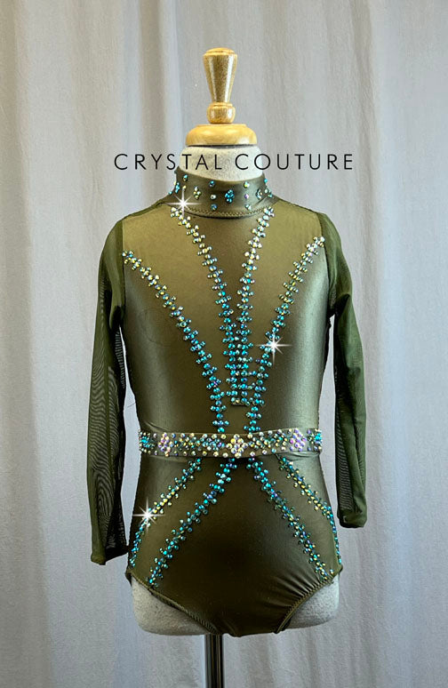 Custom Light Olive Green Strappy Back Leotard -Rhinestones