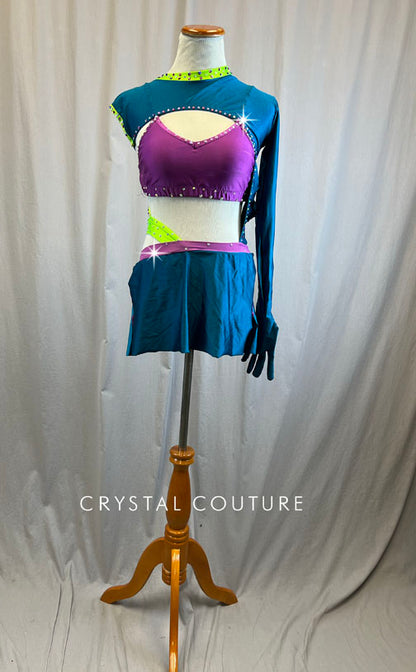 Custom Dark Teal/Purple/Neon Green Single Sleeve Set -Rhinestones
