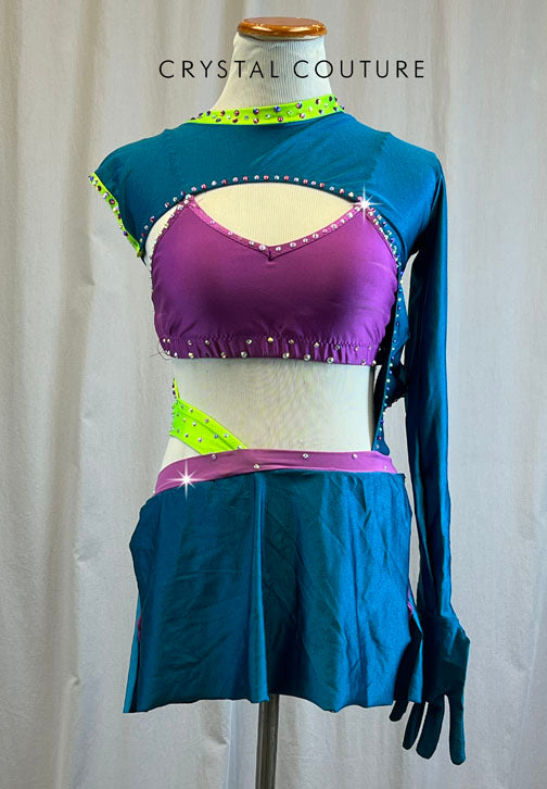 Custom Dark Teal/Purple/Neon Green Single Sleeve Set -Rhinestones