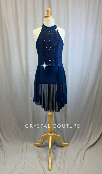 Custom Navy Lace and Mesh Halter Dress -Rhinestones
